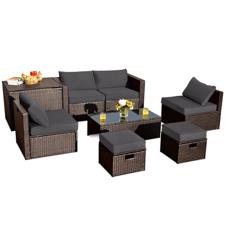 Tangkula 8 Piece Patio Furniture Set, Patiojoy Outdoor Space Saving PE Rattan Sectional Sofa Set for 6 with Waterproof Cover, for Garden, Deck, Poolside and Balcony (Grey) Tangkula