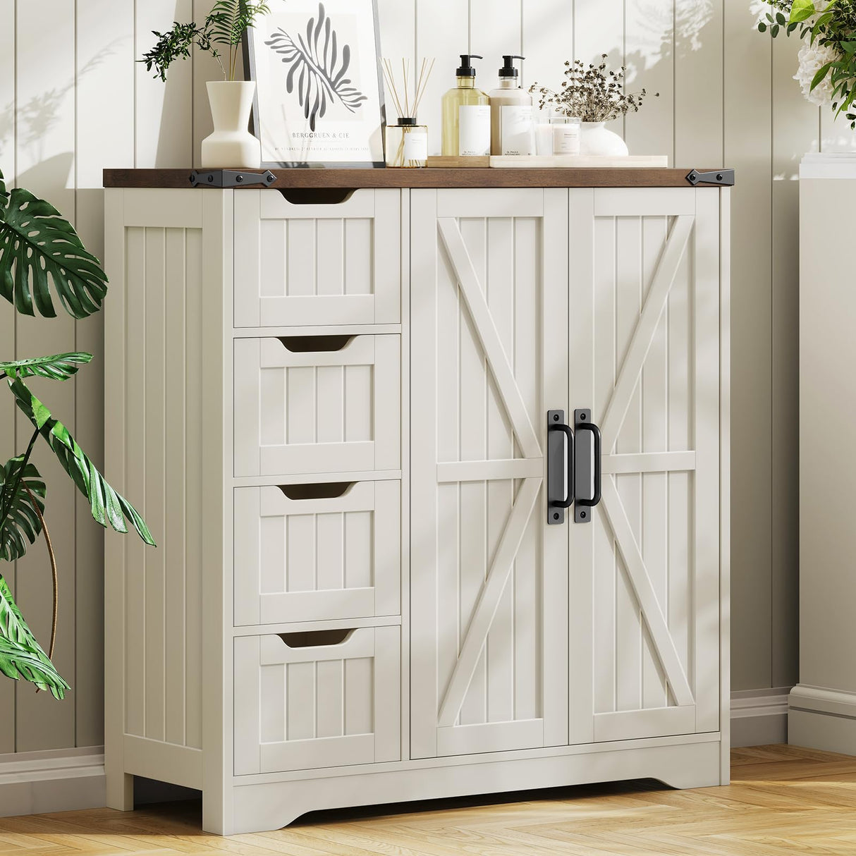 Vabches Farmhouse Bathroom Cabinet, Freestanding Storage Cabinet with 4 Drawers and 2 Doors, Rustic Storage Organizer with Adjustable Shelf for Bathroom, Living Room, Entryway, White Vabches