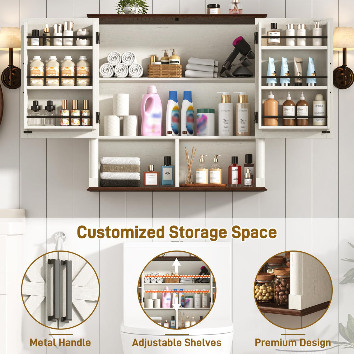 Farmhouse Bathroom Storage Cabinet,Double Wooden Bathroom Wall Cabinet with Roman Column Decor, Farmhouse Medicine Cabinets w Barn Doors,Storage Cabinets Wall Mounted for Kitchen(Rustic White) jiteentarou