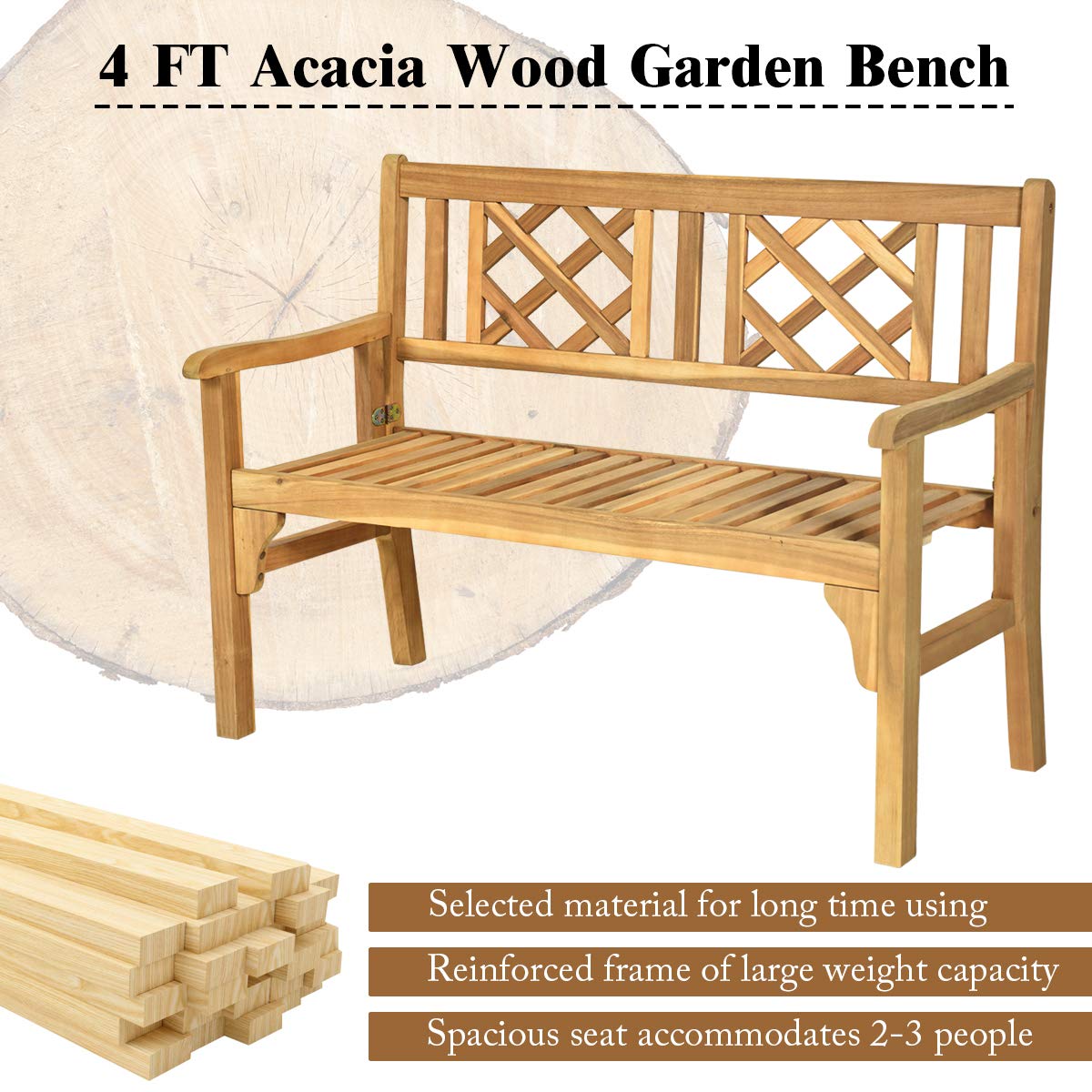 Giantex Outdoor Bench, Patio Wooden Bench, 4 Ft Foldable Acacia Wood Garden Bench, Outside Loveseat with Curved Backrest and Armrest, 705Lbs Weight