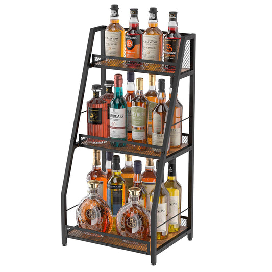 3-Tier Trapezoid Liquor Stand for Home Bar, Stepped Wine Racks Freestanding Floor for Liquor Whiskey Wine,Versatile Corner Wine Bottle Display Stand with Fences, Vintage Brown（Patent Pending）