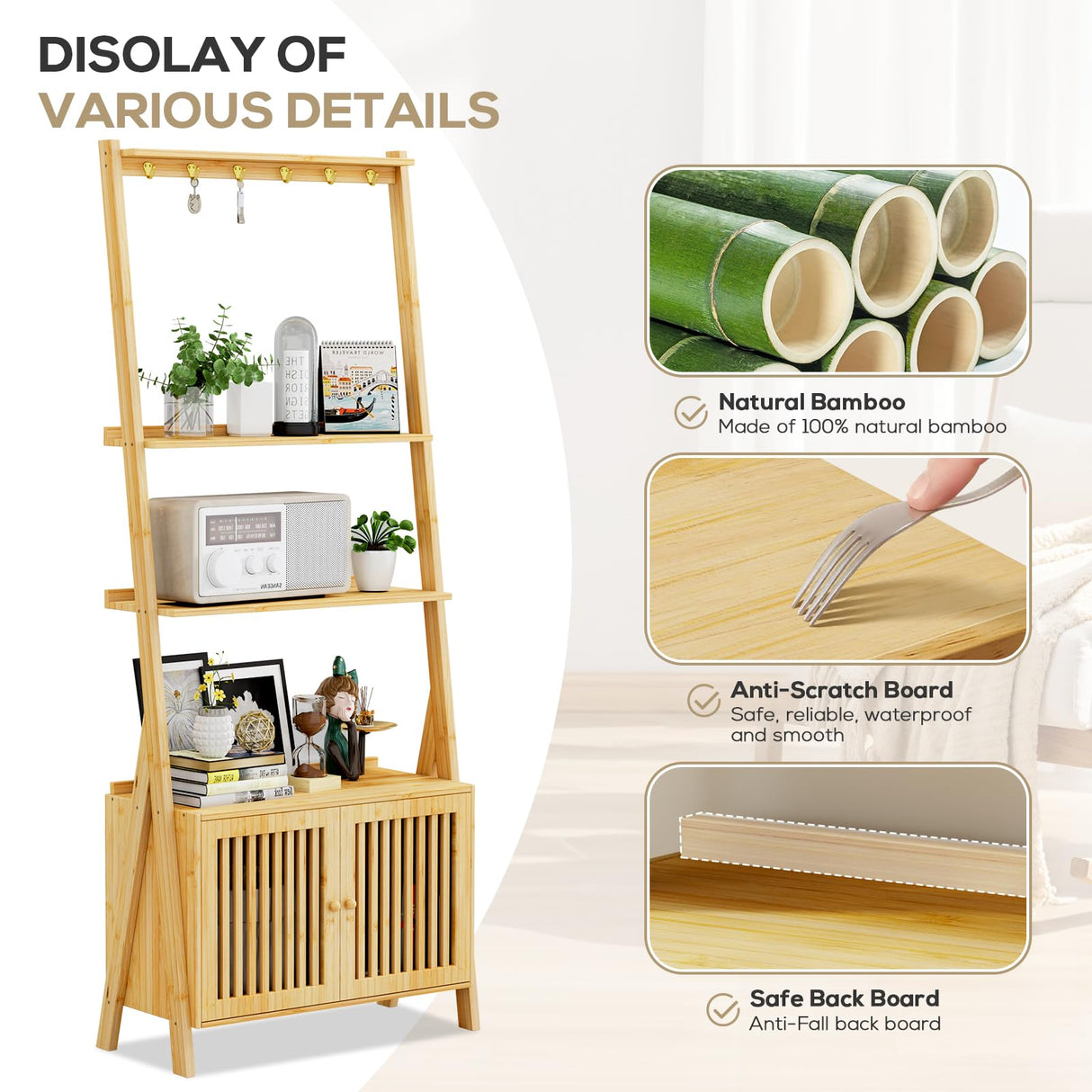 Bookcase with Drawers, 4-Tier Bamboo Bookshelf Ladder Shelf with 6 Hooks, Tall Narrow Book Shelf, 24.8"L x 10.6"W x 59.5"H, Standing Storage Organizer for Living Room, Home Office, Bedroom, Bathroom oakvivo