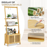 Bookcase with Drawers, 4-Tier Bamboo Bookshelf Ladder Shelf with 6 Hooks, Tall Narrow Book Shelf, 24.8"L x 10.6"W x 59.5"H, Standing Storage Organizer for Living Room, Home Office, Bedroom, Bathroom oakvivo