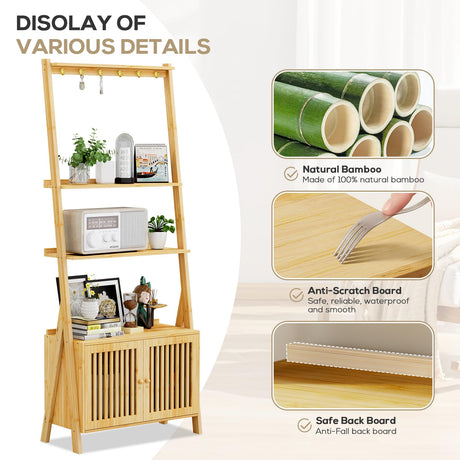 Bookcase with Drawers, 4-Tier Bamboo Bookshelf Ladder Shelf with 6 Hooks, Tall Narrow Book Shelf, 24.8"L x 10.6"W x 59.5"H, Standing Storage Organizer for Living Room, Home Office, Bedroom, Bathroom oakvivo