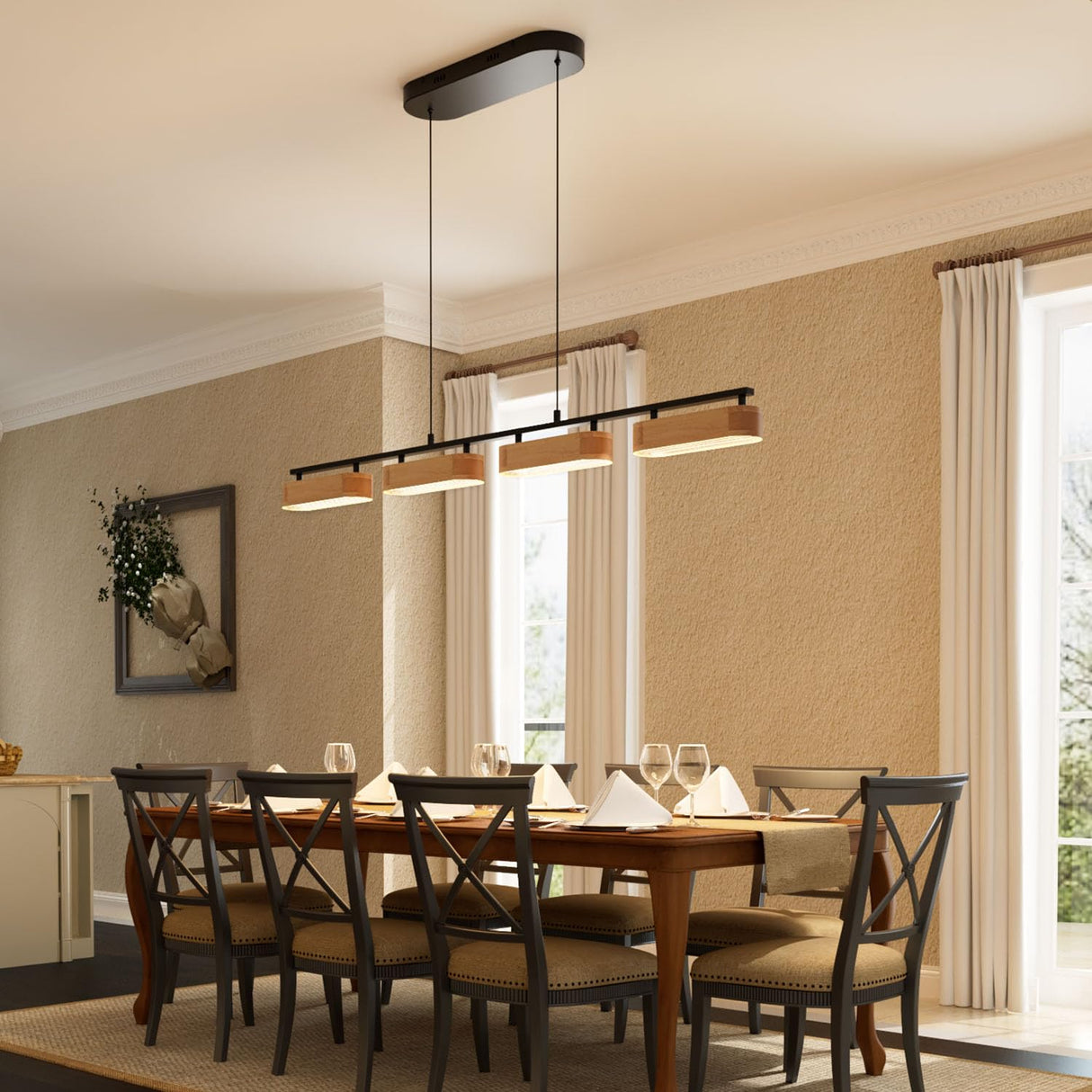 Glimchase 43.3" Linear Island Lights for Kitchen, 32W Wood Chandeliers for Dining Room, LED Rustic Dimmable Lighting Fixture for Farmhouse, 4-Light Pendant Lights for Kitchen Island Over Table Glimchase