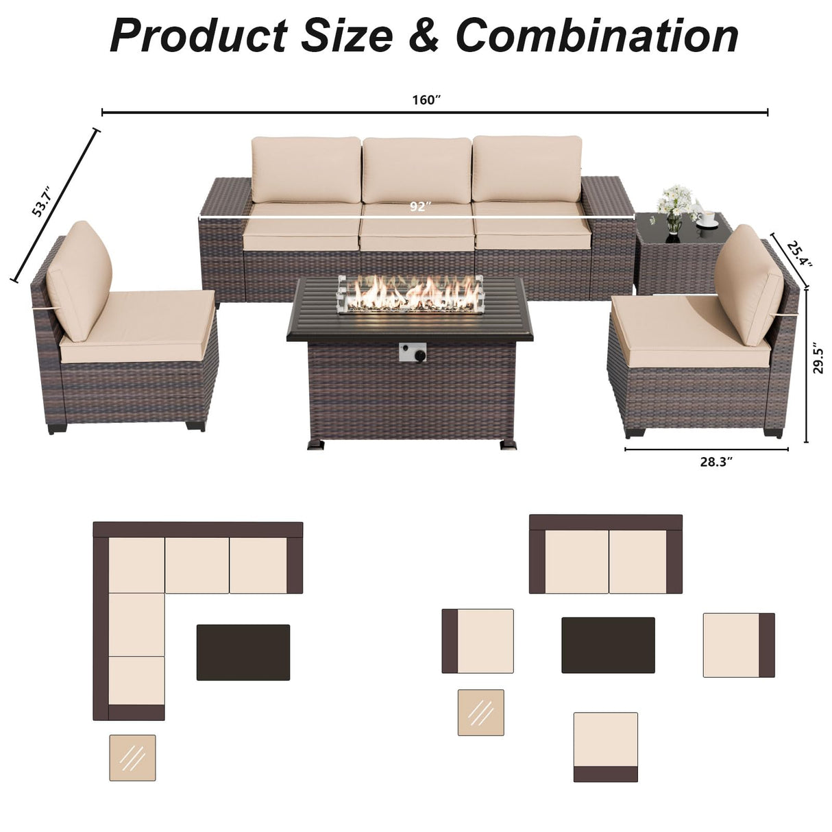 ALAULM 7 Pieces Patio Furniture Set with Fire Pit Table 55000BTU, Oversized Seat/Armrest and High Back Wicker Conversation Set with Thick Cushion for Backyard, Garden, Sand ALAULM