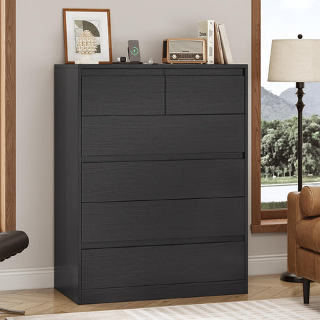AOGLLATI Black Dresser for Bedroom, Modern Tall Dresser with 6 Drawers, Dressers & Chest of Drawers with Charging Station Handle Free,Wooden 6 Drawer Dresser for Bedroom Living Room,Black AOGLLATI