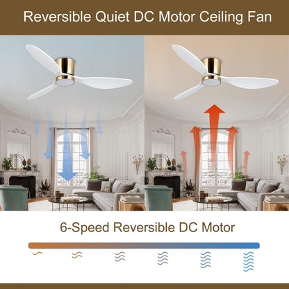 reiga 52 Inch Flush Mount White Ceiling Fan with Light Remote Control, Quiet DC Motor Low Profile 3 Wood Blade Modern Ceiling Fans for Patio Kitchen Living Room Bedroom