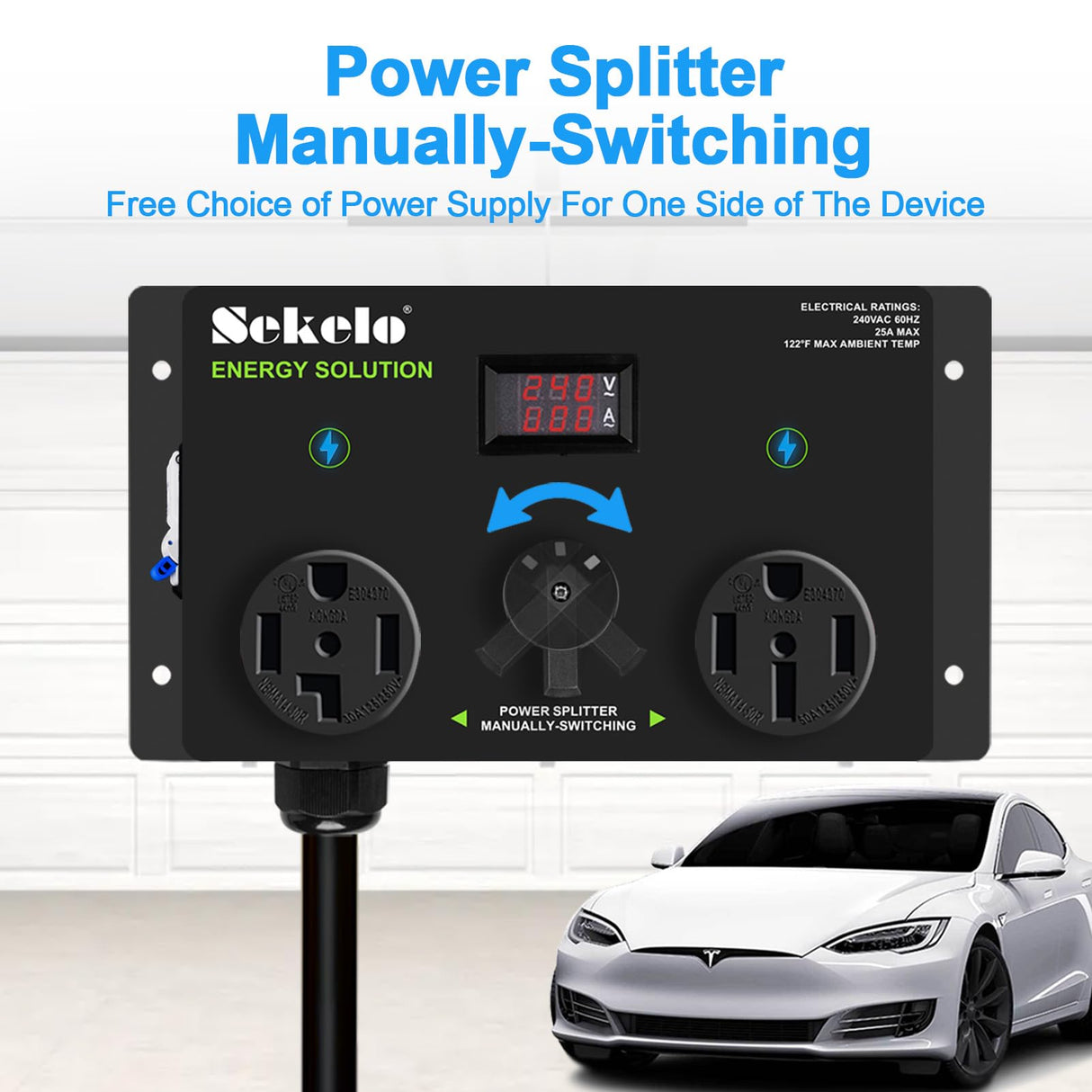 Manual EV Charging Switch for Dryer & EV, NEMA 14-30P to 14-30R & 14-50R, 240V, 25A Power Splitter Switch, with a Safety Breaker Switch, Hand-Operated Selector, Plug and Play Sekelo