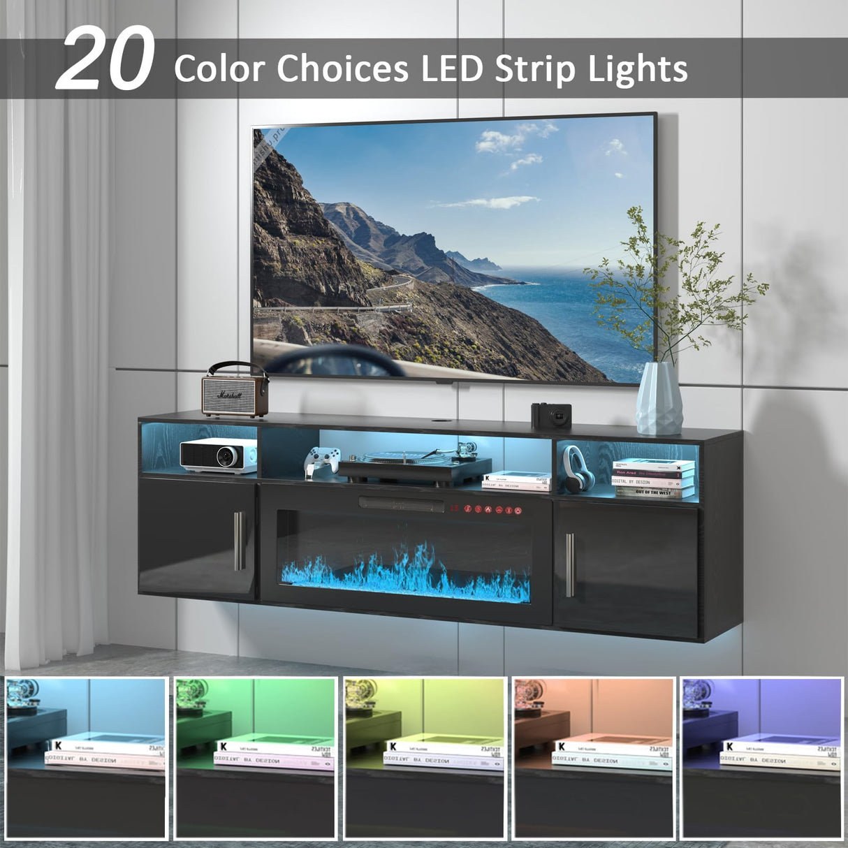 VENDORZ Floating Fireplace TV Stand, 70" Floating TV Stand Wall Mounted with 36" Fireplace, Black Floating Entertainment Center Fire Place TV Stands for Living Room Media Console, Up to 80" TVs VENDORZ