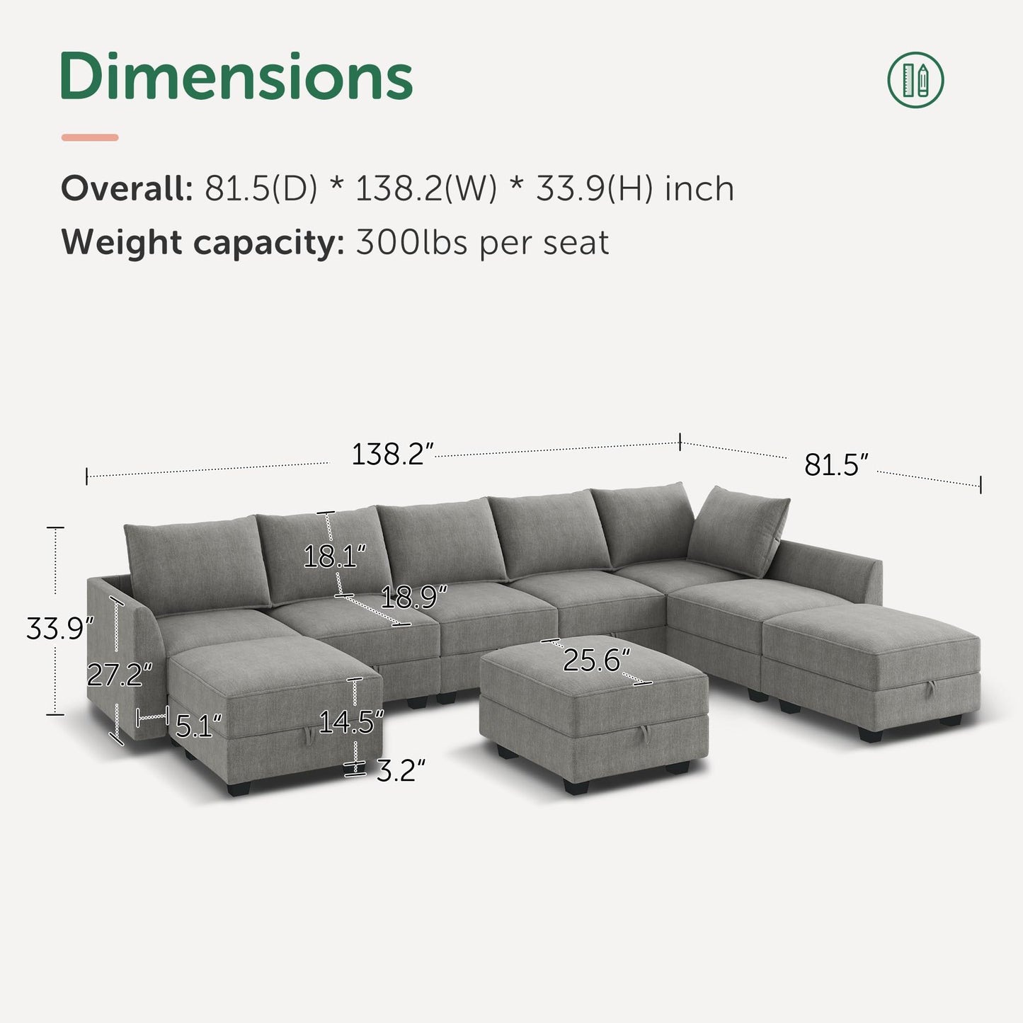 HONBAY Oversized Modular Sectional Sofa with Storage Seats Reversible Sectional Couch with Ottomans U Shaped Modular Sectional Couch for Living Room, Grey