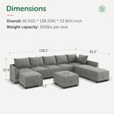 HONBAY Oversized Modular Sectional Sofa with Storage Seats Reversible Sectional Couch with Ottomans U Shaped Modular Sectional Couch for Living Room, Grey HONBAY