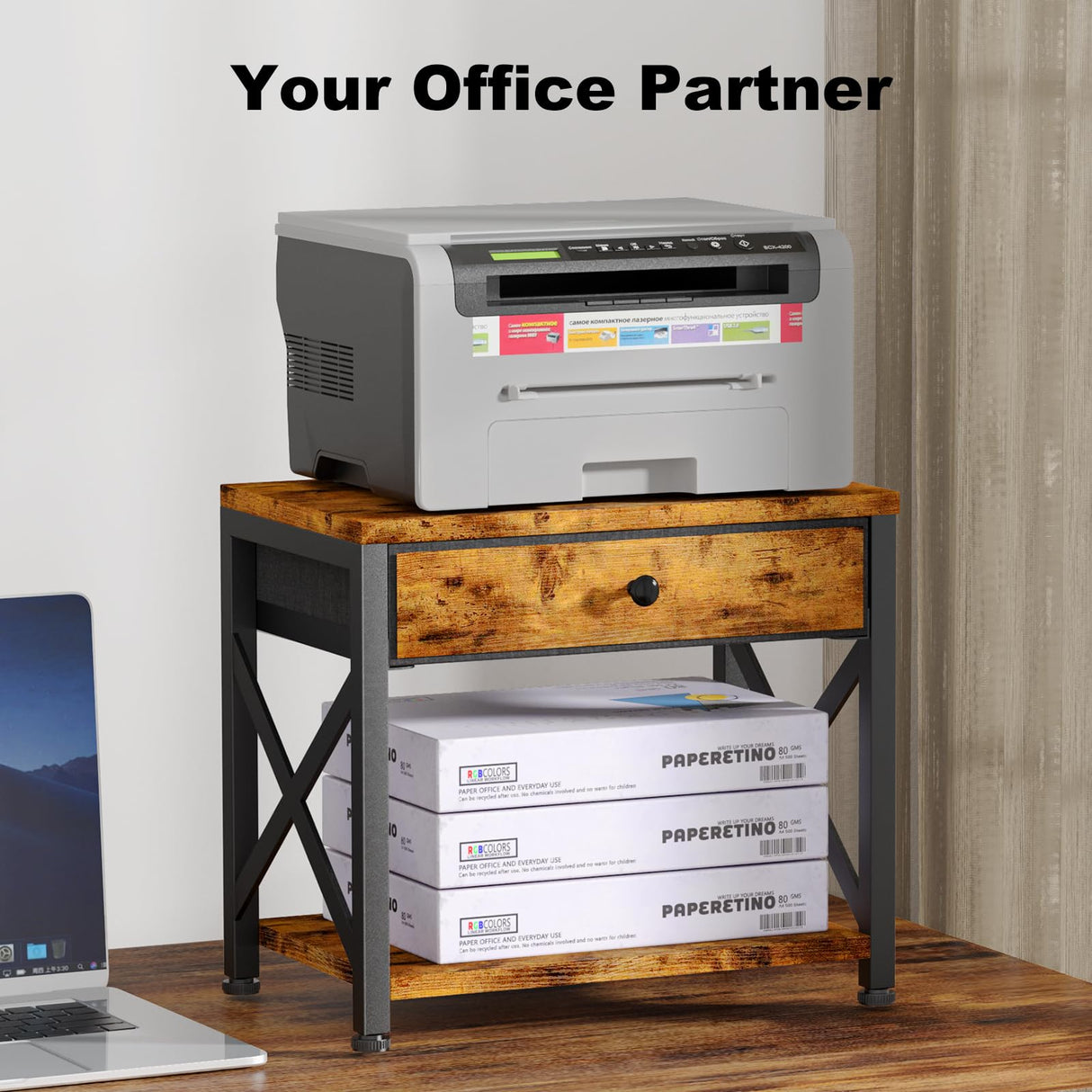 EasyCom 2-Tier Desktop Printer Stand with Large Drawer, Under Desk Printer Table with Wheels, Small Printer Shelf with Storage for Paper Storage Printer Scanner Fax Home Office Use Rustic Brown EasyCom