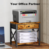 EasyCom 2-Tier Desktop Printer Stand with Large Drawer, Under Desk Printer Table with Wheels, Small Printer Shelf with Storage for Paper Storage Printer Scanner Fax Home Office Use Rustic Brown EasyCom