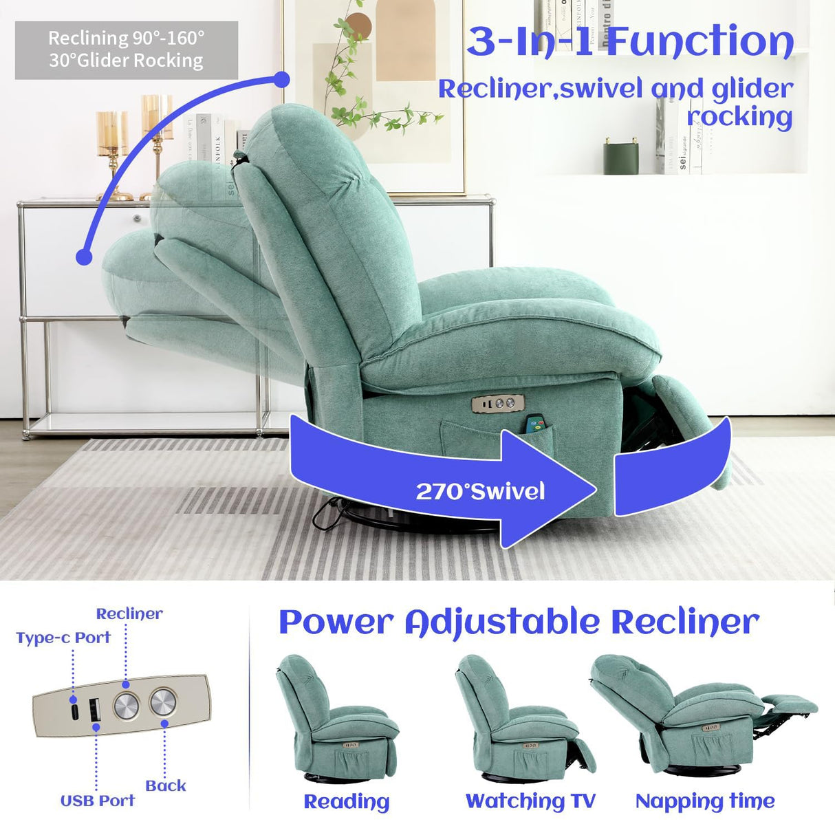 EDWELL Green Power Recliner Chair, Massage Rocker Recliner Chairs for Adults with Heated, Oversized Rocker Swivel Chairs for Living Room, Comfy Nursery Rocking Chairs with USB-C Ports and Side Pocket EDWELL