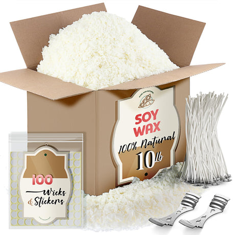 Etienne Alair Soy Candle Wax for Candle Making - Natural Soy Wax for Candle Making 10 lb Bag, Premium Soy Wax Flakes, 100 Cotton Candle Wicks, 100 Wick Stickers, & 2 Centering Devices - 10 Lbs Etienne Alair