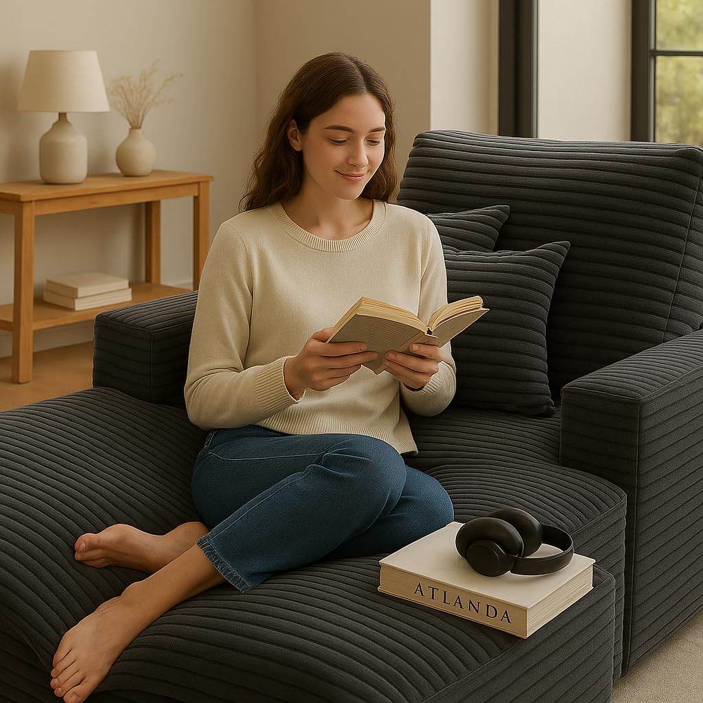 COMHOMA 67" Oversized Chaise Lounge Chair with 3 Comfy Pillows,Upholstered Sofa Bed Sleeper Couch Wide Arms Corduroy Fabric High-Density Foam for Living Room No Assembly Required,Dark Grey COMHOMA