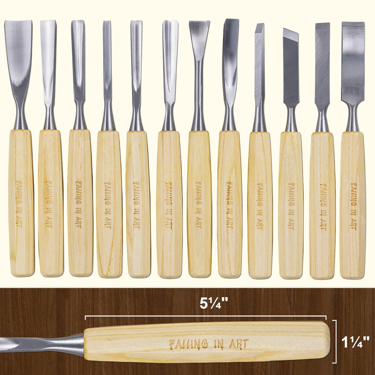 Falling in Art 12Pcs Wooden Carving Chisel Set, Long Handle Woodworking Tools Set with a Leather Pouch, Full Size Knife Gouge Kit for Carving Projects, Ideal for Beginners and Professionals Falling in Art
