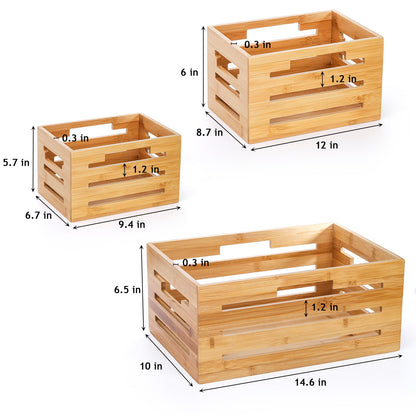 Youeon Set of 3 Bamboo Nesting Crates with Handles, 14.6/12/9.5 Inch Bamboo Crates for Storage and Rustic Decor, Decorative Storage Crate Box for Kitchen, Pantry, Office - WoodArtSupply