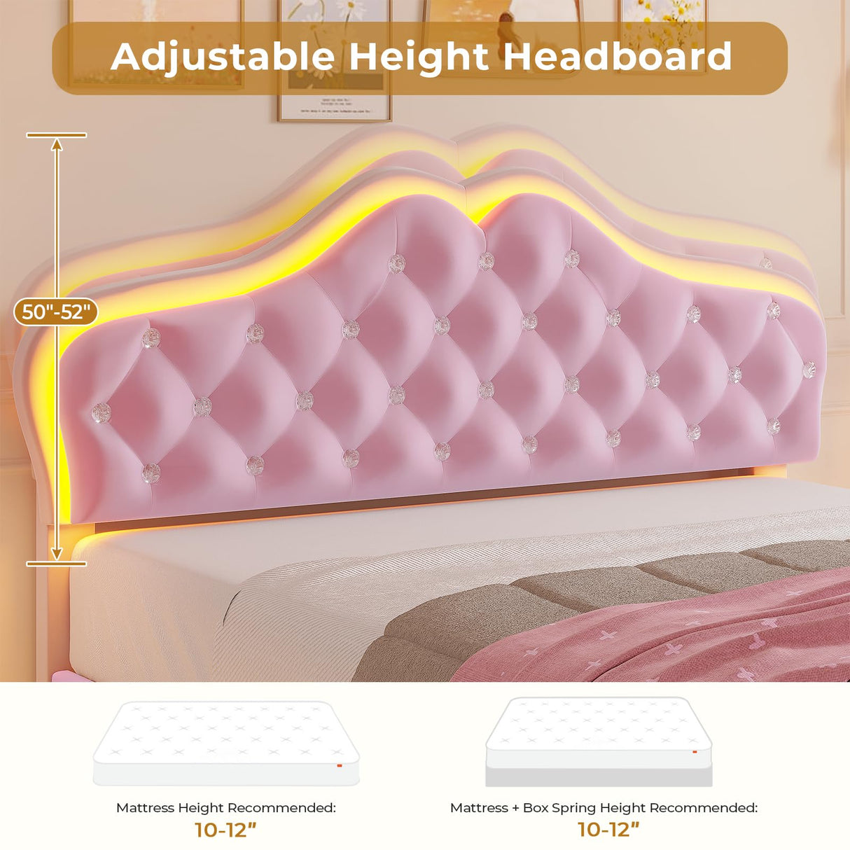 ADORNEVE Full Size Upholstered LED Bed Frame, Girls Bed with Adjustable Crystal Button Headboard, Velvet Princess Platform Bed for Girls, Solid Wooden Slats, Easy Assembly, Pink ADORNEVE