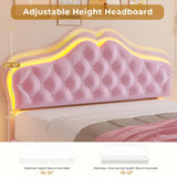 ADORNEVE Full Size Upholstered LED Bed Frame, Girls Bed with Adjustable Crystal Button Headboard, Velvet Princess Platform Bed for Girls, Solid Wooden Slats, Easy Assembly, Pink ADORNEVE