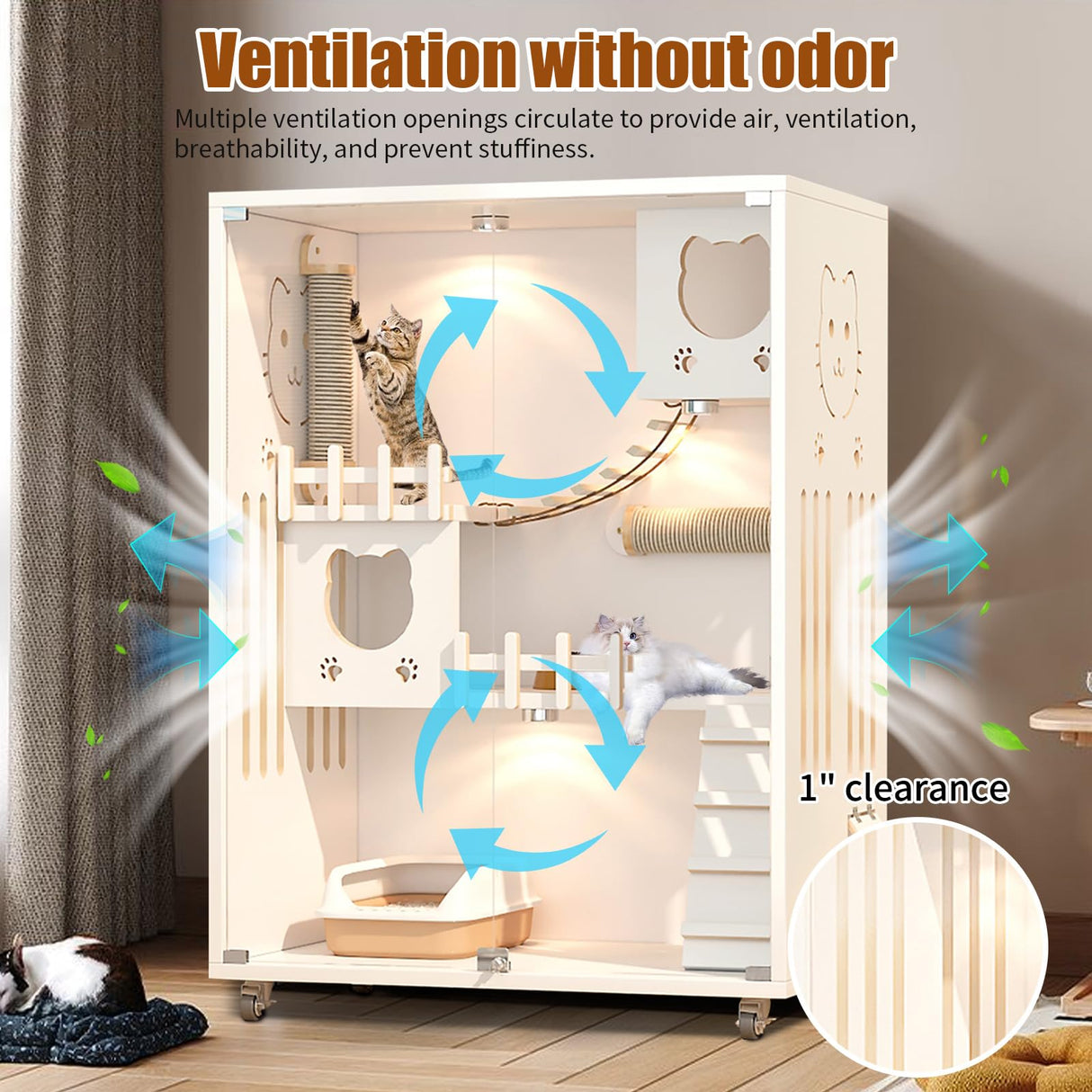 Large Enclosed Cat Condo, Wooden Large Cat Villa, Indoor/Outdoor Cats Enclosure with Wheels, Multi-Feature Cat Houses for Indoor Cats Ventilation Glass Doors, 50" X 36" X 24" (White, 50" X 36" X 24") TMGSK