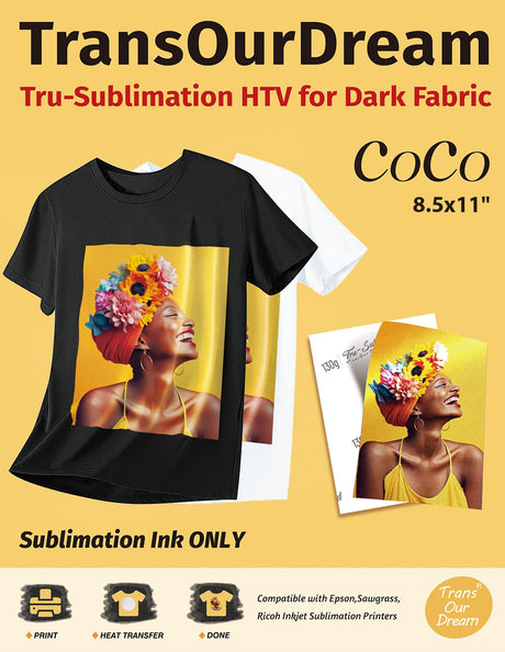 TransOurDream Tru-Sublimation Blanks Coco Sets, Silky Fabric 10 Sheets for Cotton, Light/Dark Fabrics and Sublimation Paper 130g 10 Sheets 8.5x11’’ TransOurDream