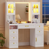 BTHFST White Vanity Desk with Touch Screen Mirror and Lights, Large Makeup Vanity with RGB Light Cabinets & Charging Station, 6 Drawers, 5 Jewelry Hooks, Vanity Table with Lighted Mirror BTHFST