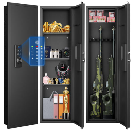 53.15" Tall Wall Safe Between the Studs 16" Centers, Hidden Wall Safes With Removable shelfs and Adjustable Gun Rack, Biometric Wall Gun Safe for Home Rifle, Cash, Jewelry, Documents - Black ZenithZest