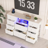 LDTTCUK Dresser with Charging Station and LED Lights, Long Dresser for Bedroom Dresser TV Stand with 10 Drawers, Fabric Chest of Drawers with PU Finish, Wide Dresser Storage Organizer, White LDTTCUK