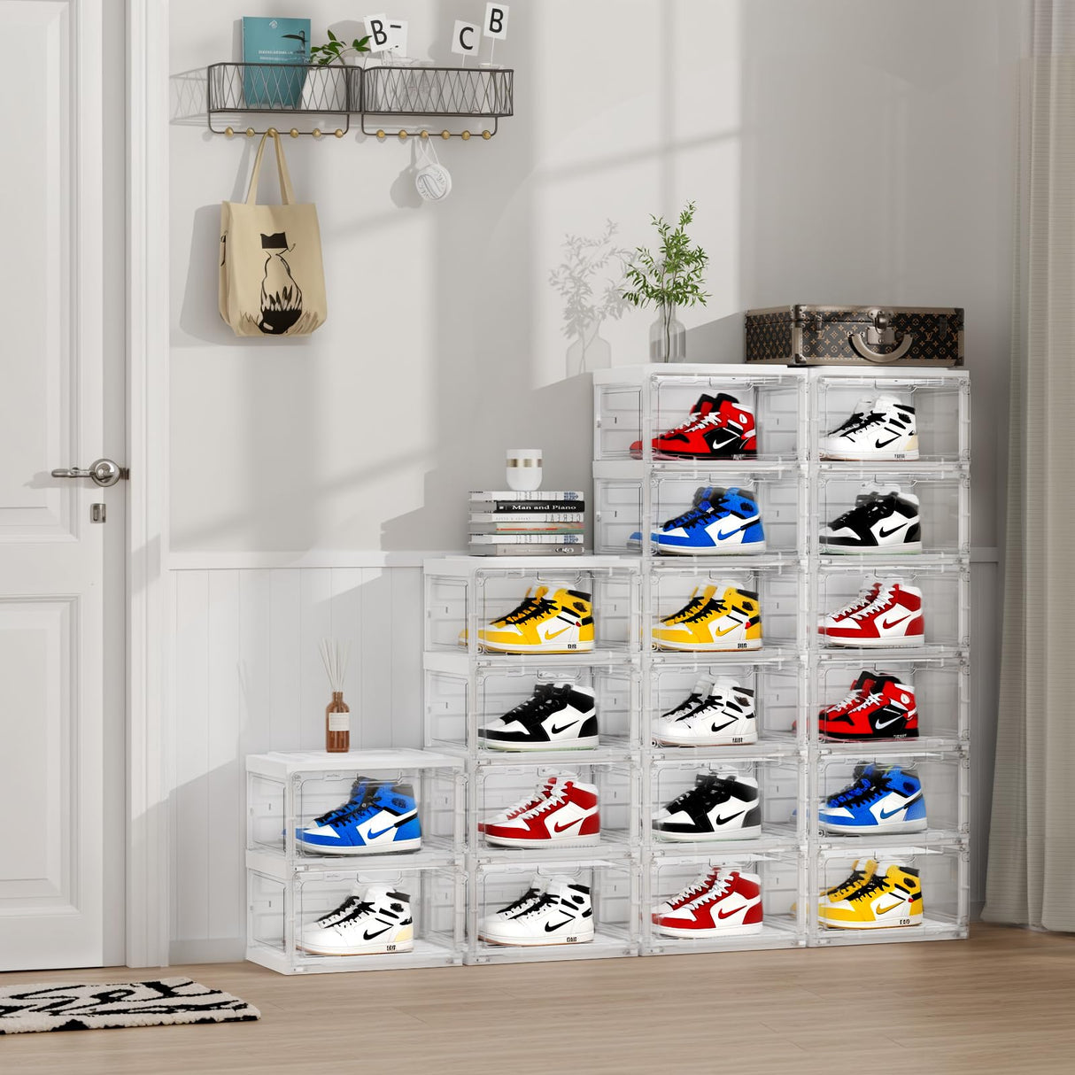 BROVIEW Led Shoe Boxes, Shoe Display Case with Lights, Large Clear Plastic Foldable Shoe Storage Box, Voice Activated Led Shoe Organizer Sneaker Case, Collection Crate, 1 Row 6 Tier White BROVIEW