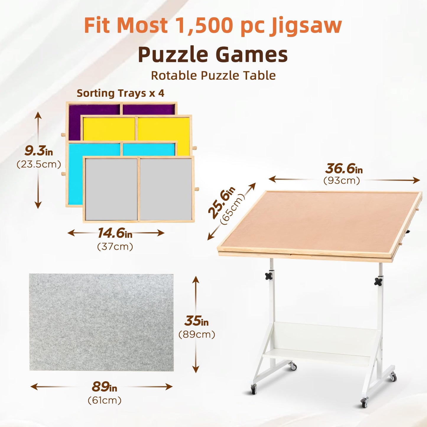 Becko US 2-in-1 Tilting & Rotating Jigsaw Puzzle Table with 4 Colored Drawers & Cover & Flip Top Design, Puzzle Board with Tilt Angle & Height Adjustments, Easy to Move, for 1500 Piece Jigsaw - WoodArtSupply