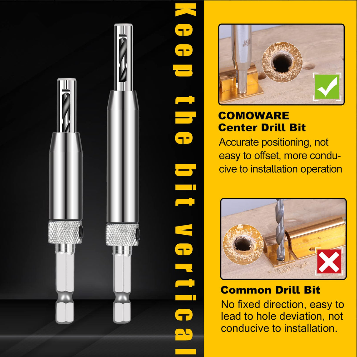 COMOWARE 17pcs VIX Bits Self Centering Drill Bit Set, 1/4" Hex Shank Self Centering Hinge Drill Bit Set for Woodworking Window Door Hinge, Quick Change with 1 Hex Key & 8 Drill Bits 5/64-1/4” COMOWARE