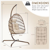 RADIATA Wicker Egg Swing Chair with Stand for Outside, Outdoor Comfy Hanging Egg Patio Chairs with Thick Cushion, 350Lbs Durable Swinging Rattan Chair for Bedroom Porch Backyard Balcony, Brown, Tan RADIATA