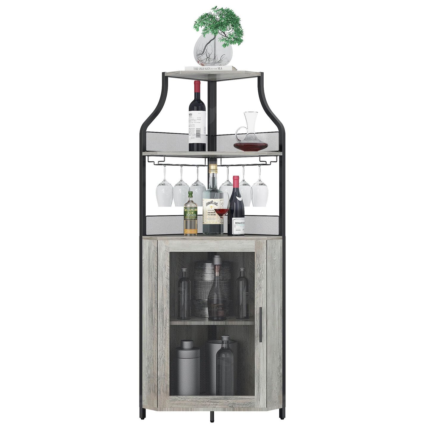 IDEALHOUSE Corner Wine Bar Cabinet with Large Storage Space and Detachable Wine Rack, Bar Cabinet with Glass Holder and Mesh Door, 4-Tier Liquor Cabinet Bar, Grey - WoodArtSupply