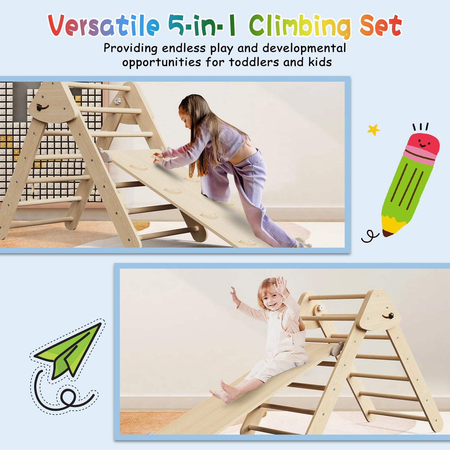 CMFYDAILY Large Pikler Triangle Set, 5 in 1 Foldable Baby Climbing Gym Indoor Montessori Climbing Set Wooden Toddler Climbing Toys with Arch, Ramp, Ladder