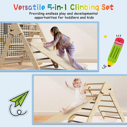 CMFYDAILY Large Pikler Triangle Set, 5 in 1 Foldable Baby Climbing Gym Indoor Montessori Climbing Set Wooden Toddler Climbing Toys with Arch, Ramp, Ladder