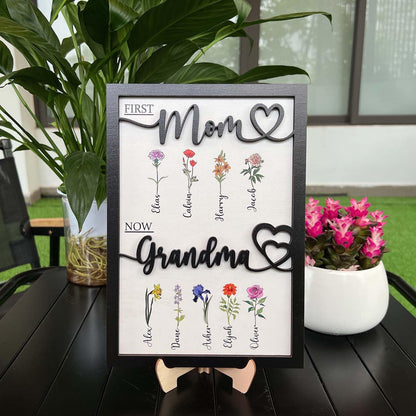 First Mom Now Grandma Customized Birth Month Flower Wooden Plaque, Personalized Mothers Day Gifts, Mother's Day Gift, Gift for Mom, Grandma's Gift, - WoodArtSupply