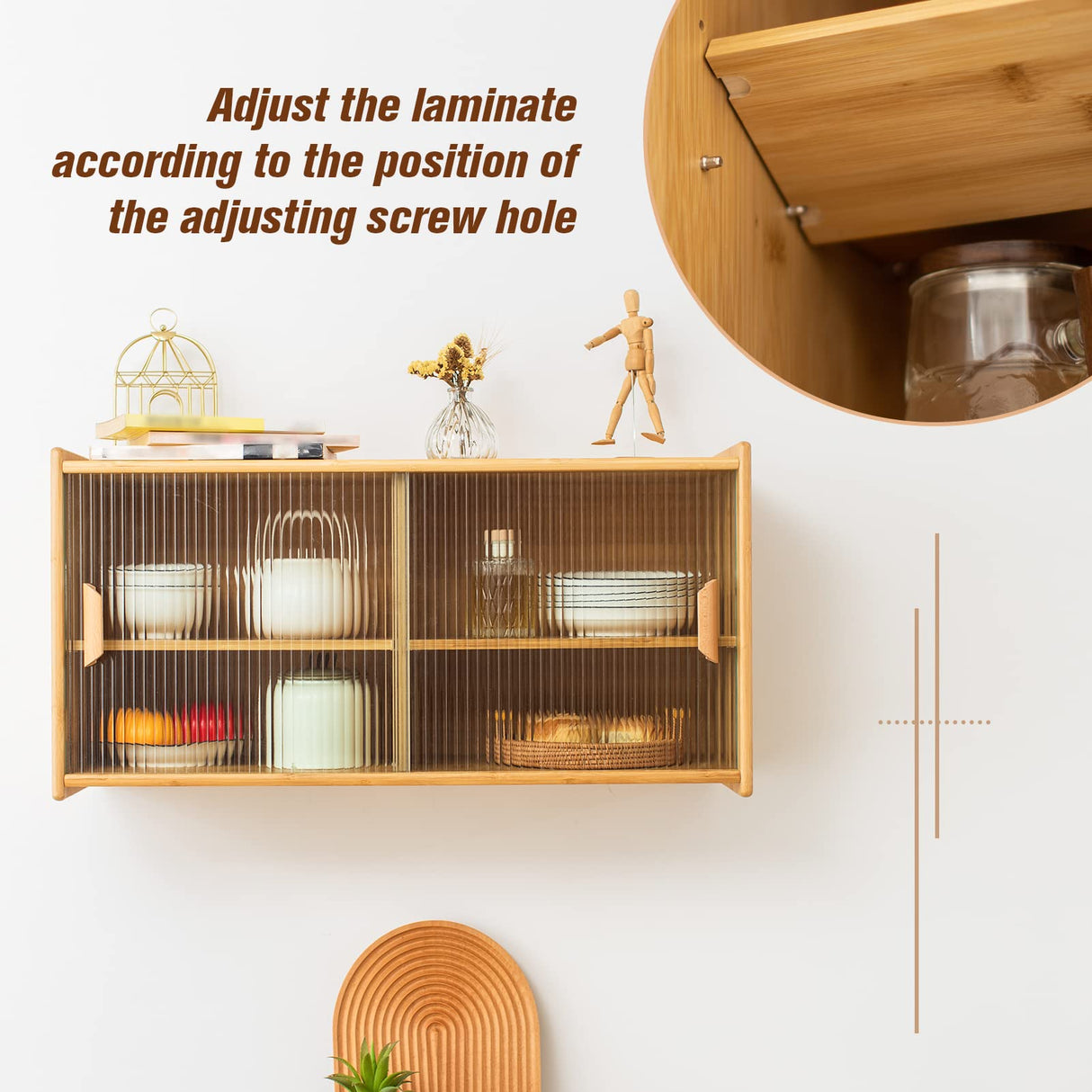 HollyHOME Burlywood Bamboo Wall-Mounted Kitchen Pantry with Sliding Glass Doors and Ample Storage HollyHOME