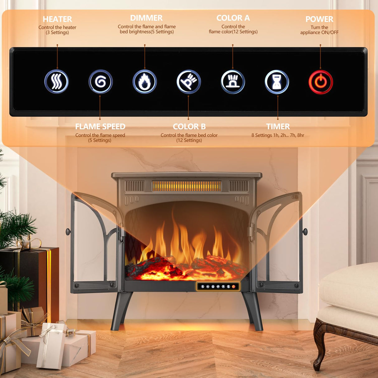 R.W.FLAME Electric Fireplace Stove Heater with Remote Control, 25" Fireplace Heater, Adjustable Brightness and Heating Mode, Overheating Safe Design,Flame Work with or Without Heat R.W.FLAME
