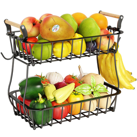 ANTOPY 2 Tier Fruit Basket with 2 Banana Hangers, Countertop Fruit Vegetable Basket Bowl for Kitchen Counter Metal Wire Fruits Storage Stand Holder Organizer for Bread Snack Veggies Produce ANTOPY