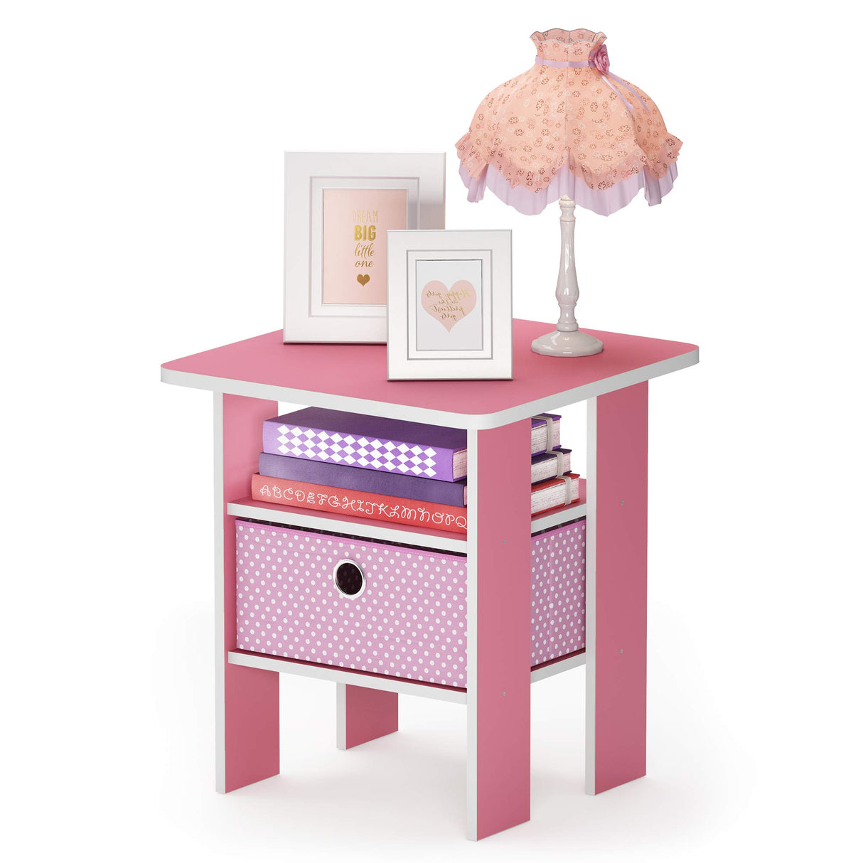 Furinno Andrey End Table / Side Table / Night Stand / Bedside Table with Bin Drawer, Pink/Light Pink Furinno