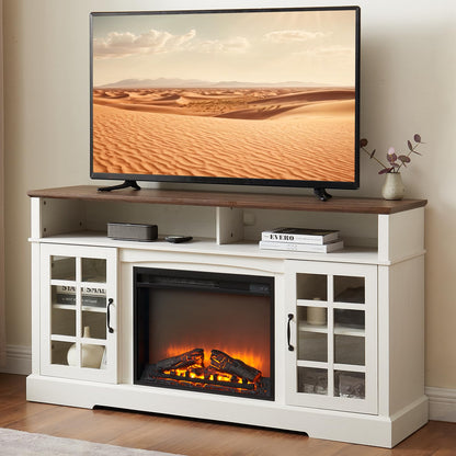 Fireplace TV Stand for Television up to 65", Entertainment Center with Storage Cabinet and Shelves, 23'' Electric Fireplace with Adjustable Warmth for Living Room/Bedroom, White