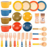 FALESOUL 26Pcs Wooden Toy Kitchen Dish Set, Toddler Plates and Cutlery Set Toy with Plates Cups Spoons, Toy Kitchen Accessories Kids Role Play Gift for Age 3+ Years FALESOUL