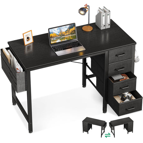 Casaottima 32-Inch Small Computer Desk with 4 Fabric Drawers — Home Office Desks with Storage, Writing Desk with Side Hook and Cloth Bag, Modern Study/Work Table for Bedroom and Small Space, Black Casaottima