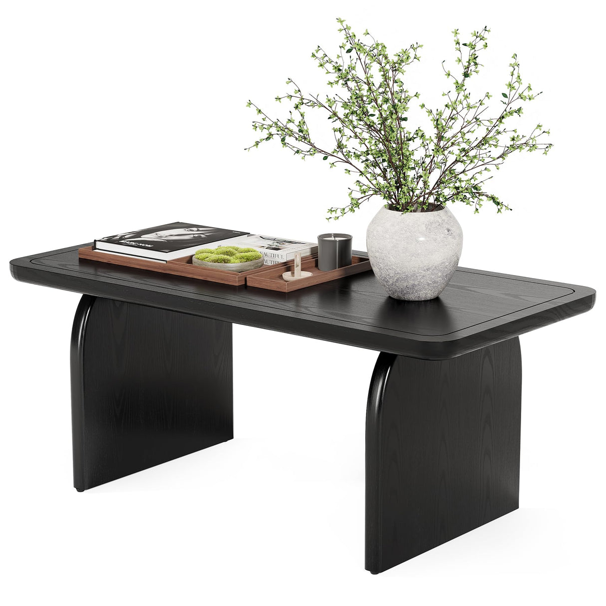 LITTLE TREE Farmhouse Coffee Table, 47 Inches Wooden Center Tables with Rounded Corners, Rectangular Living Room Tables, Modern Low Cocktail Tea Furniture for Living Room (Black) LITTLE TREE