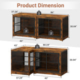 Yafylly 86 Inch Double Dog Crate Furniture with Divider, 4 Combination Forms Large Dog Kennel Furniture for 2 Dogs, Rustic Brown Corner Dog Kennel for Small Medium Large Dogs Yafylly