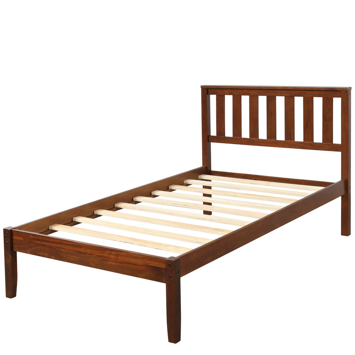 SOFTSEA Twin Platform Bed Frame with Storage, Farmhouse Bed Frame with Headboard for Kids Teens, Wood Slats, Easy Assembly, Walnut SOFTSEA