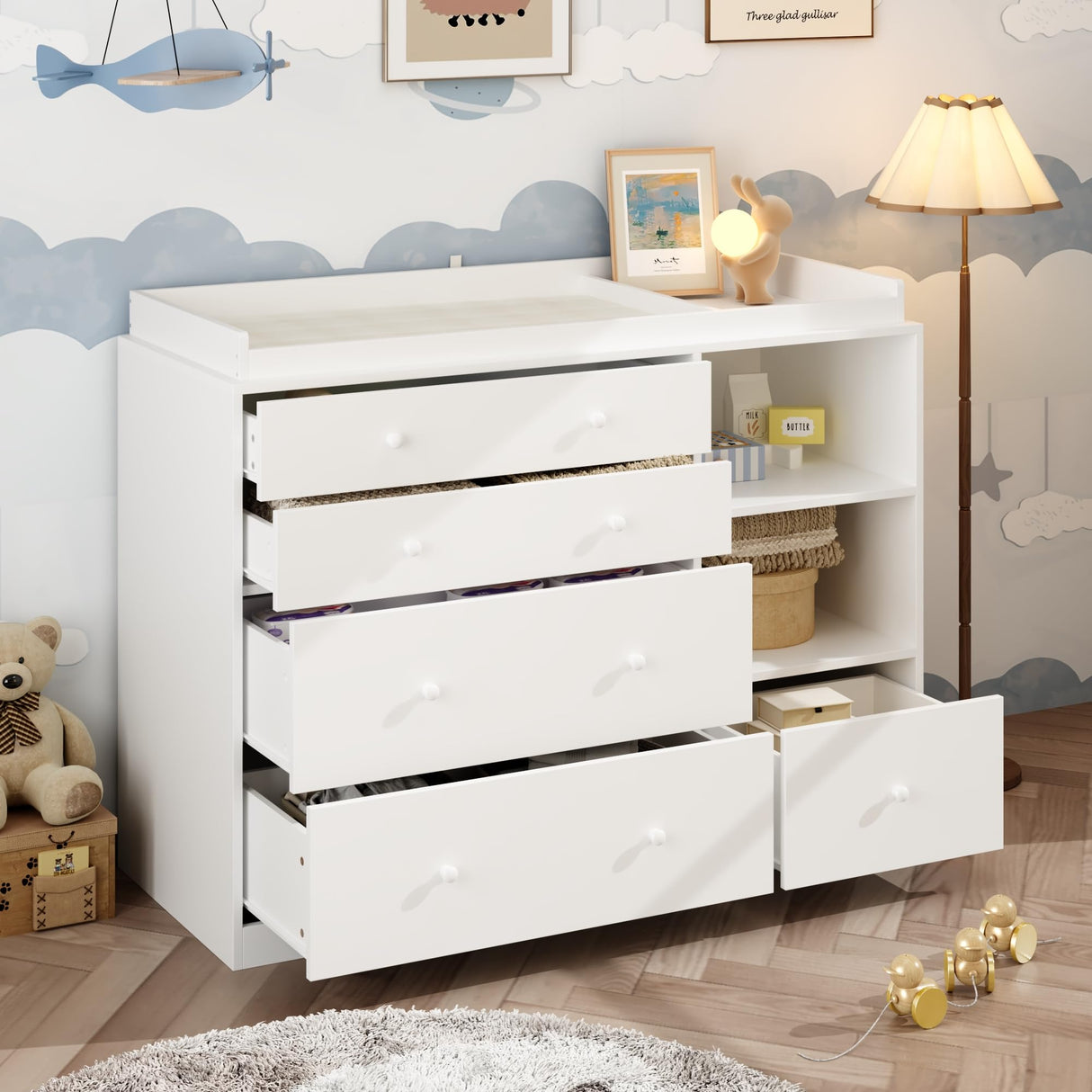 ROMSHINE Nursery Dresser with Baby Changing Table, Diaper Changing Tables for Nursery with 5 Drawers & Shelves, Changing Station Nursery Organizer for Bedroom, White (47.6" W x 19.7" D x 36.1" H) ROMSHINE