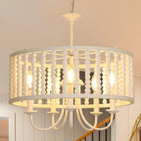 LAMSU Farmhouse Chandeliers for Dining Room, 5-Light Boho Wood Chandelier Light Fixture with Solid Wooden Beaded Shade, Modern Drum Chandeliers for Living Room Kitchen Island Bedroom Foyer, White LAMSU